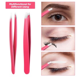 Mudder 12 Pcs Eyebrow Tweezers Set for Facial Hair Stainless Steel Slant Tip Tweezers in Bulk for Men and Women(Rose Red)