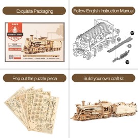 ROKR 3D Wooden Puzzle for Adults-Mechanical Train Model Kits-Brain Teaser Puzzles-Vehicle Building Kits-Unique Gift for Kids on Birthday/Christmas Day(1:80 Scale)(MC501-Prime Steam Express)