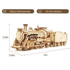 ROKR 3D Wooden Puzzle for Adults-Mechanical Train Model Kits-Brain Teaser Puzzles-Vehicle Building Kits-Unique Gift for Kids on Birthday/Christmas Day(1:80 Scale)(MC501-Prime Steam Express)