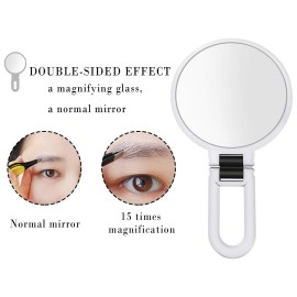 Vtrem 15X 1X Magnifying Makeup Mirror Double Sided Handheld Mirror with Magnification Portable Folding Vanity Mirror with Stand for Home Travel, White