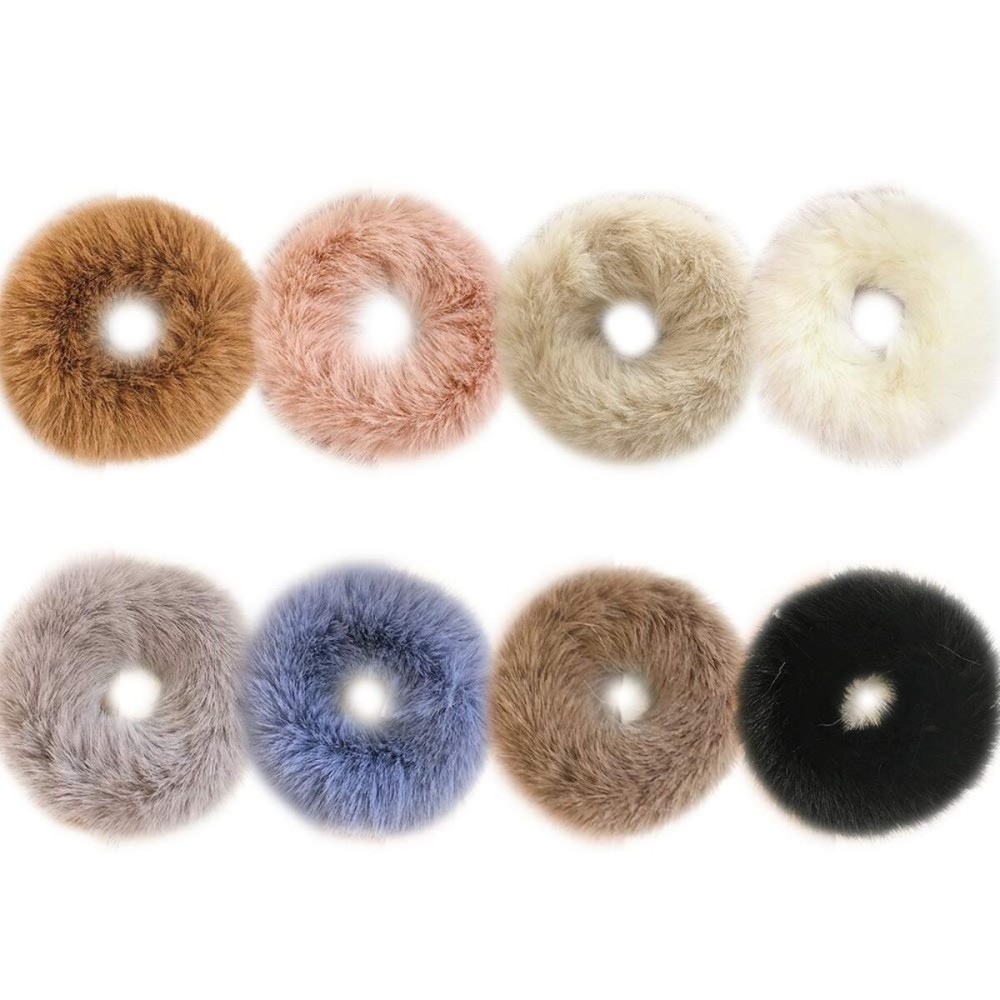 DINPREY 8 Pack Teddy Faux Fur Hair Scrunchies, Rabbit Fluffy Maomao Hair Bands for Women Girl kid\'s (8 PCS, Artificial Rabbit Fur)