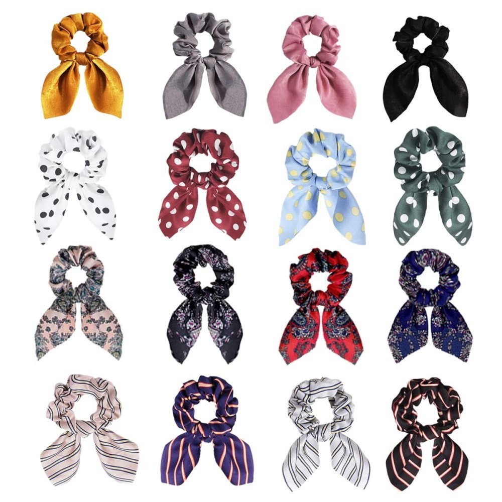 DINPREY Solid Colors Hair Scrunchies with Dotted Striped Floral, 16 Pcs, Satin, Unisex, All Ages, Cute Bunny Ears, Bowknot, Pony Tail, Bow, Paisley Hair Accessories