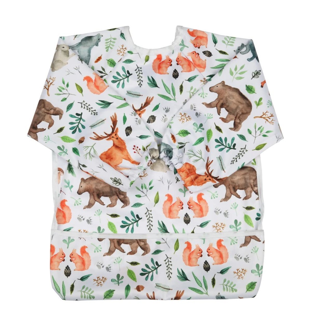 Sigzagor Baby Bib Sleeved Shirt With Pocket 1-3 years old Toddler Painting (Watercolor Animals)