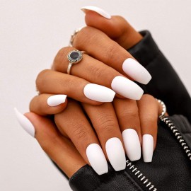 Campsis Matte Coffin False Nails White Long Press on Nails Acrylic Clips Nails Full Cover Nails Women and Girls (Pack of 24)