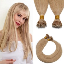 SEGO Nano Bead Ring Human Hair Extension Pre Bonded Nano Tip Remy Hair Extensions Micro Beads Rings Loop Hand Tied Hairpiece 20 Inch 24 Natural Blonde 1g/strand 50g/pack