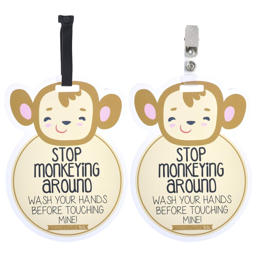 (Three Little Tots) Monkey Tags Two Pack- Baby Safety No Touching Car Seat Sign, Stroller Sign, Newborn Car Seat Tag, Baby Preemie No Touching Car Seat Sign- CPSIA Safety Tested (Monkey)