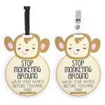 (Three Little Tots) Monkey Tags Two Pack- Baby Safety No Touching Car Seat Sign, Stroller Sign, Newborn Car Seat Tag, Baby Preemie No Touching Car Seat Sign- CPSIA Safety Tested (Monkey)