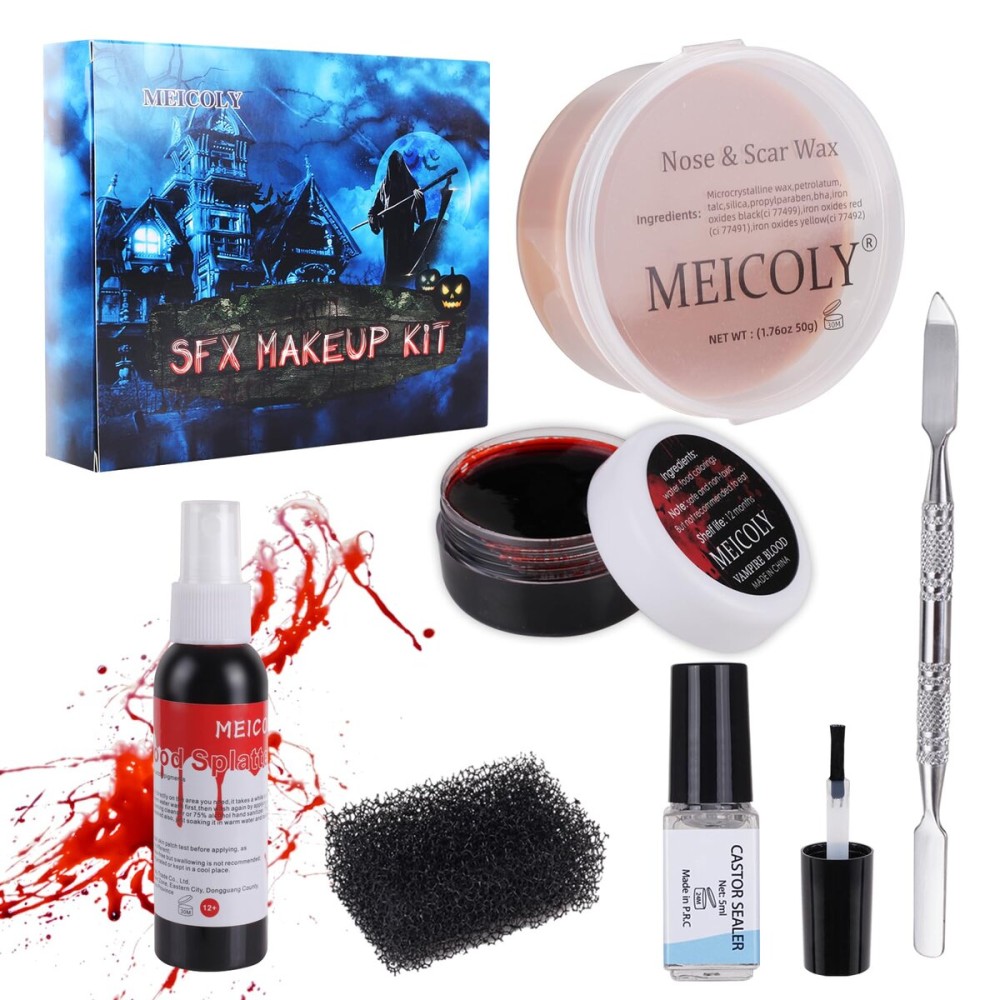 MEICOLY SFX Makeup Kit Scars Wax,Fake Blood Spray(2.1Oz) Halloween Special Effects Wound Wax(1.67Oz) with Spatula,Stipple Sponge,Coagulated Blood Gel(1.06Oz),5ml Castor Sealer,Scary Clown Makeup 01