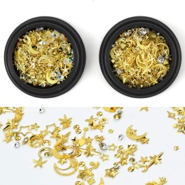 MEILINDS Gold Nail Studs Gems Sparkle Rhinestones Metal Rivets Charms Hollow Moon Star Shaped Artificial Pearls DIY 3D Nail Art Decoration(2 Boxes)
