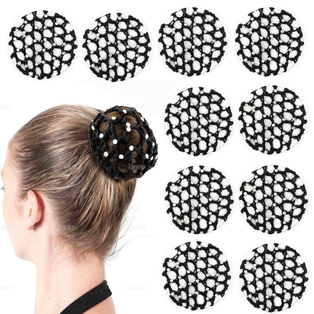 AUEAR Hair Accessory, 10 Pack Handmade Crochet Bun Cover Snood Hair Net with Pearls Decor, Elastic Hair Net, For Ballet Dance Skating, 10cm in Diameter, Black, Unisex