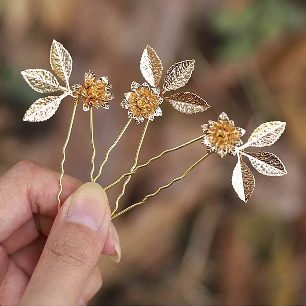 Unicra Wedding Hair Pins Flower Hairpins Hair Set Leaf Jewelry Decorative Bridal Hair Accessories for Women and Girls Pack of 3 (Gold) Unicra Wedding Hair Pins Flower Hairpins Hair Set Leaf Jewelry Decorative Bridal Hair Accessories for Women and Girls Pack of 3 (Gold)