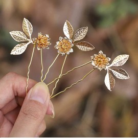 Unicra Wedding Hair Pins Flower Hairpins Hair Set Leaf Jewelry Decorative Bridal Hair Accessories for Women and Girls Pack of 3 (Gold)