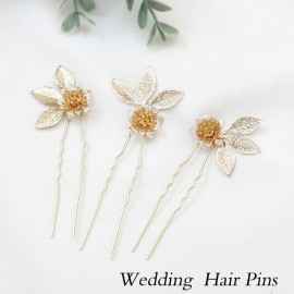Unicra Wedding Hair Pins Flower Hairpins Hair Set Leaf Jewelry Decorative Bridal Hair Accessories for Women and Girls Pack of 3 (Gold) Unicra Wedding Hair Pins Flower Hairpins Hair Set Leaf Jewelry Decorative Bridal Hair Accessories for Women and Girls Pack of 3 (Gold)