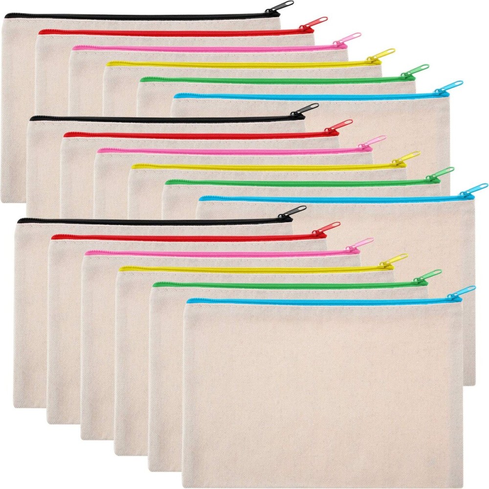 Frienda 18 Pieces Canvas Makeup Bag Multipurpose Cosmetic Bag Travel Toiletry Pouch Pen Coin Bag Blank DIY Bag with Zipper for Women Girls (L)