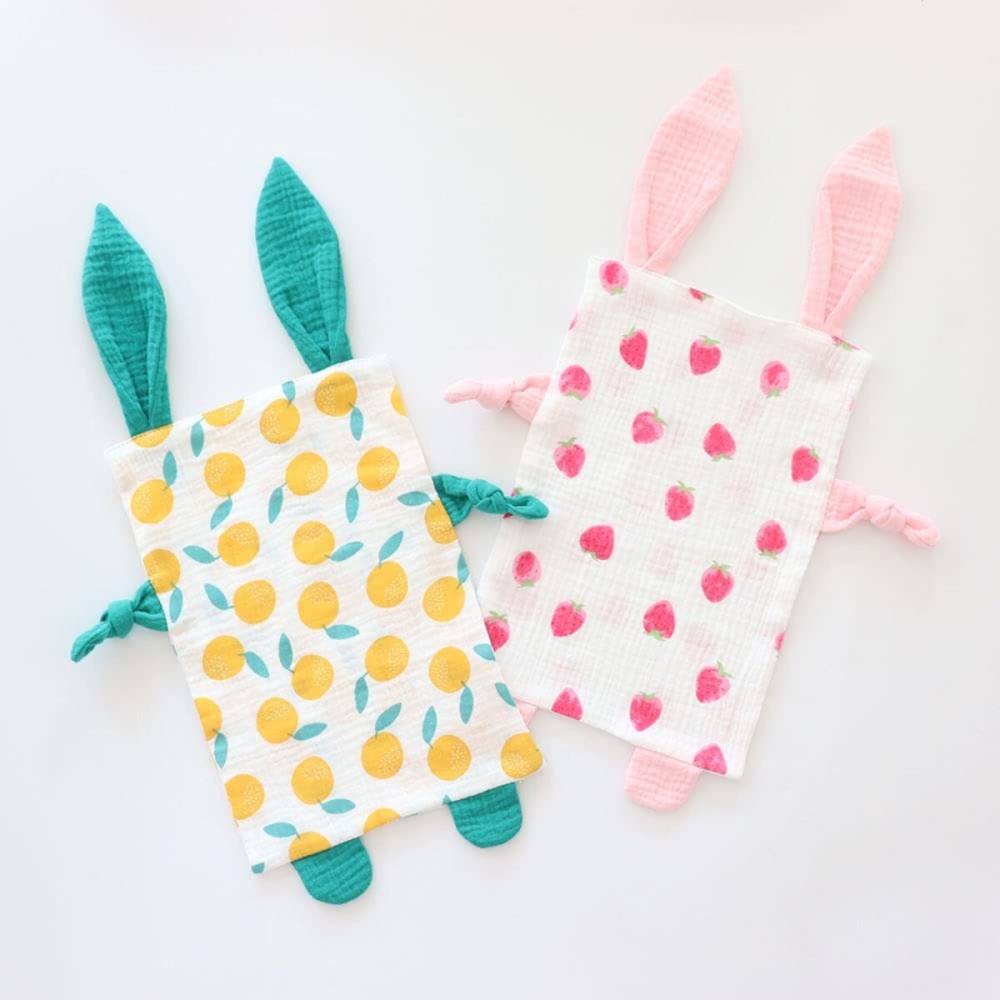Emenpy Bunny Security Blanket for Boys and Girls,Cotton Soft Breathable Muslin Soothing Towel Appeasing Toy for Infant,Newborn Gift,2 Pcs Set (Strawberry&Orange)