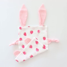Emenpy Bunny Security Blanket for Boys and Girls,Cotton Soft Breathable Muslin Soothing Towel Appeasing Toy for Infant,Newborn Gift,2 Pcs Set (Strawberry&Orange)