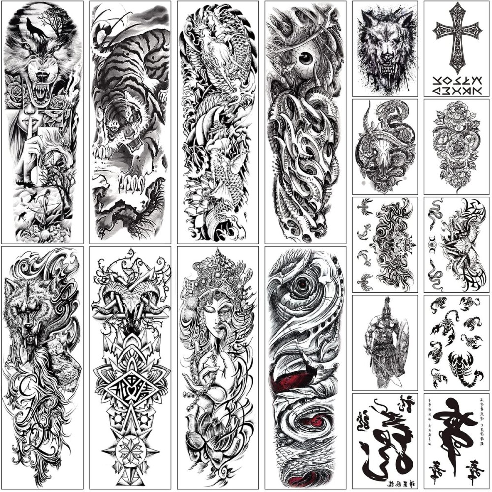 Aresvns Halloween Sleeve Tattoos Temporary for Men Women,Black Totem Temporary Tattoos,Looks Real Fake Tattoos,Wolf,Tiger,Devil\'s eye