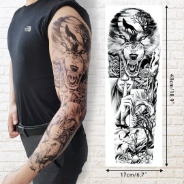 Aresvns Halloween Sleeve Tattoos Temporary for Men Women,Black Totem Temporary Tattoos,Looks Real Fake Tattoos,Wolf,Tiger,Devil\'s eye