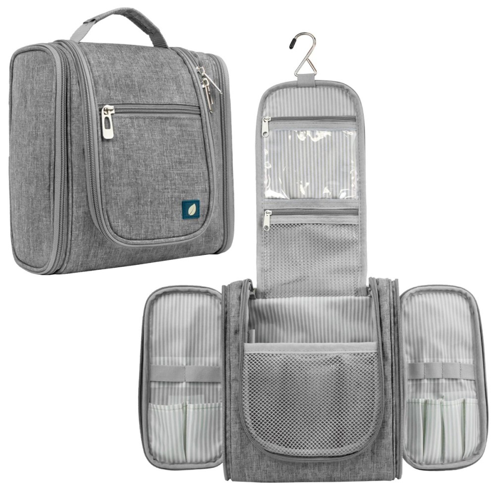 PAVILIA Toiletry Bag Travel Bag for Women Men, Hanging Cosmetic Organizer, Water Resistant Makeup Bag for Accessories Toiletries, Large Travel Essentials Kit (Grey)