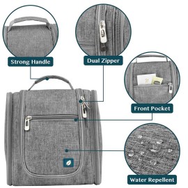 PAVILIA Toiletry Bag Travel Bag for Women Men, Hanging Cosmetic Organizer, Water Resistant Makeup Bag for Accessories Toiletries, Large Travel Essentials Kit (Grey)