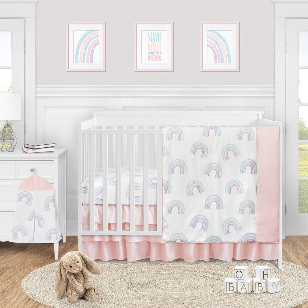 Sweet Jojo Designs Pastel Rainbow Baby Girl Nursery Crib Bedding Set - 4 Pieces - Blush Pink, Purple, Teal, Blue and White