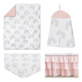 Sweet Jojo Designs Pastel Rainbow Baby Girl Nursery Crib Bedding Set - 4 Pieces - Blush Pink, Purple, Teal, Blue and White