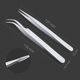 Sivote Eyelash Tweezers, 2-Pack, Hand Calibrated Straight and Curved Tips, Stainless Steel Lash Tweezers for Eyelash Extensions, Matte Silver
