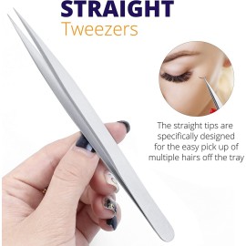 Sivote Eyelash Tweezers, 2-Pack, Hand Calibrated Straight and Curved Tips, Stainless Steel Lash Tweezers for Eyelash Extensions, Matte Silver