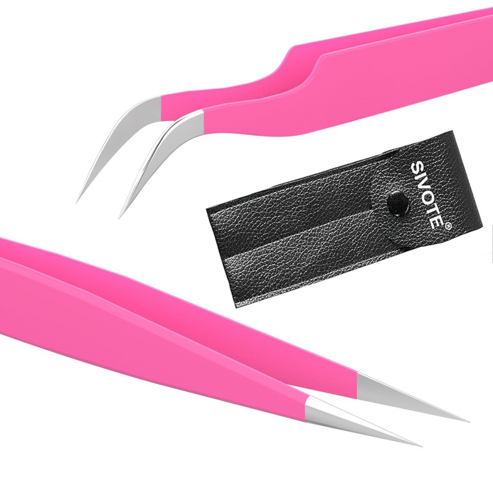 Sivote Eyelash Tweezers, 2-Pack, Hand Calibrated Straight and Curved Tips, Stainless Steel Lash Tweezers for Eyelash Extensions, Pink Sivote Eyelash Tweezers, 2-Pack, Hand Calibrated Straight and Curved Tips, Stainless Steel Lash Tweezers for Eyelash Extensions, Pink