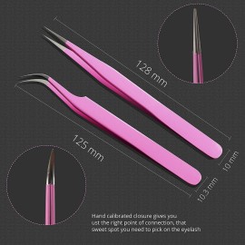 Sivote Eyelash Tweezers, 2-Pack, Hand Calibrated Straight and Curved Tips, Stainless Steel Lash Tweezers for Eyelash Extensions, Pink Sivote Eyelash Tweezers, 2-Pack, Hand Calibrated Straight and Curved Tips, Stainless Steel Lash Tweezers for Eyelash Extensions, Pink