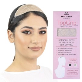 MILANO COLLECTION Glueless Top Grip for Hair Topper & Wiglets, Adjustable Translucent Strap with Side Openings, Top Headband for Your Wig or Topper, Includes Clips, Beige, Small