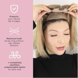 MILANO COLLECTION Glueless Top Grip for Hair Topper & Wiglets, Adjustable Translucent Strap with Side Openings, Top Headband for Your Wig or Topper, Includes Clips, Beige, Small