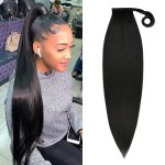 GLAM21USA 32 Inch Long Straight Ponytail Wrap Around Heat Resistant Synthetic Hair Piece Extensions (1B-OFFBLACK)