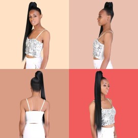 GLAM21USA 32 Inch Long Straight Ponytail Wrap Around Heat Resistant Synthetic Hair Piece Extensions (1B-OFFBLACK)