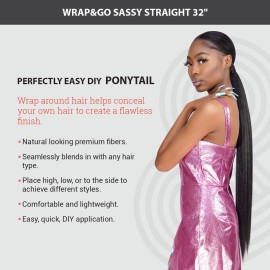 GLAM21USA 32 Inch Long Straight Ponytail Wrap Around Heat Resistant Synthetic Hair Piece Extensions (1B-OFFBLACK)