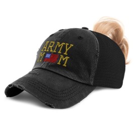 Speedy Pros Womens Ponytail Cap American Army Mom Embroidery Cotton Distressed Trucker Hats Strap Closure Black
