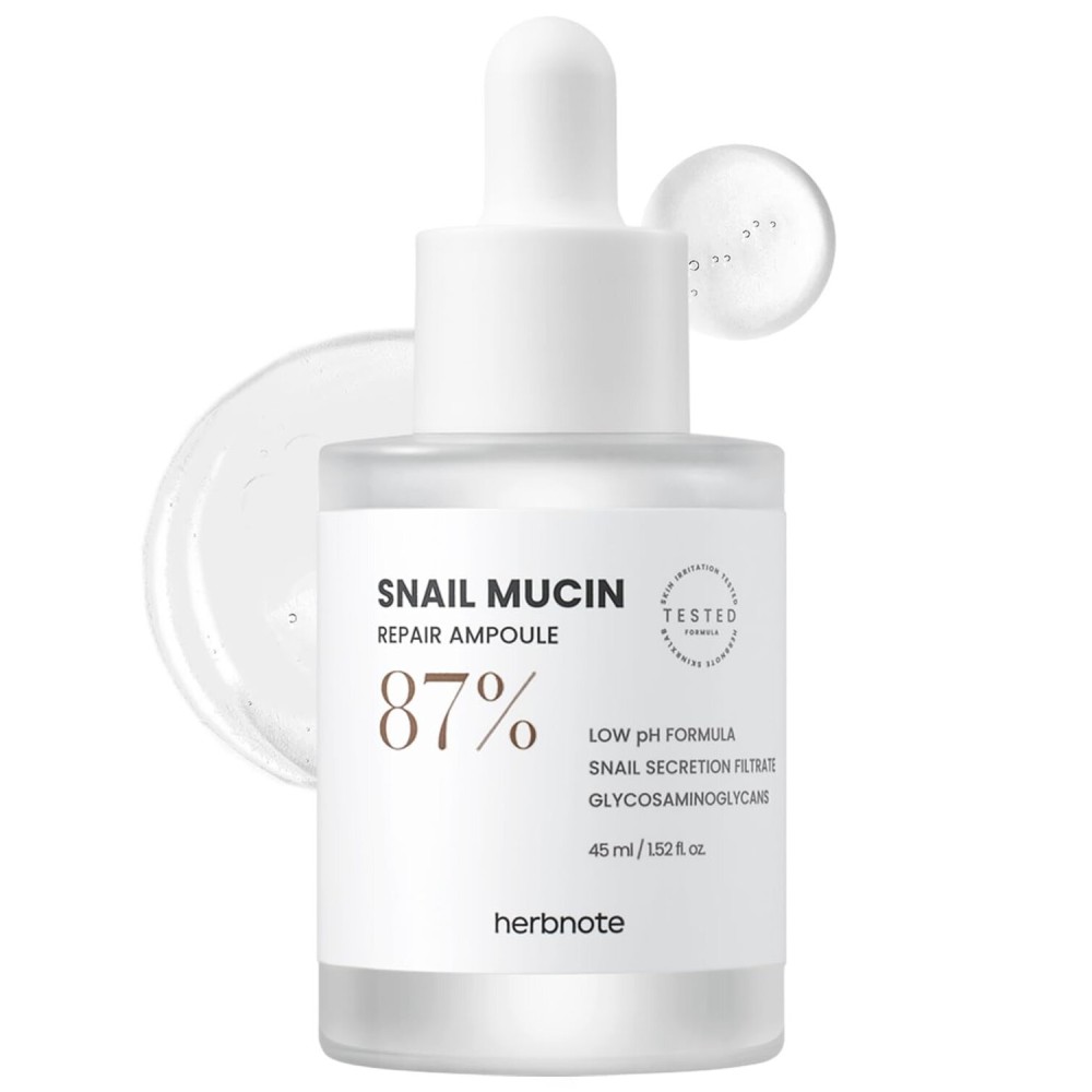 HERBNOTE Snail Mucin Repair Ampoule - Boost Skin Regeneration, Tighten Enlarged Pores, Reduce Redness & Blemishes - 85% Snail Secretion Filtrate, 2% Niacinamide & EGF, 1.52 fl.oz.