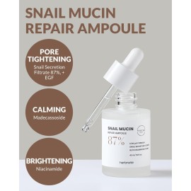 HERBNOTE Snail Mucin Repair Ampoule - Boost Skin Regeneration, Tighten Enlarged Pores, Reduce Redness & Blemishes - 85% Snail Secretion Filtrate, 2% Niacinamide & EGF, 1.52 fl.oz.
