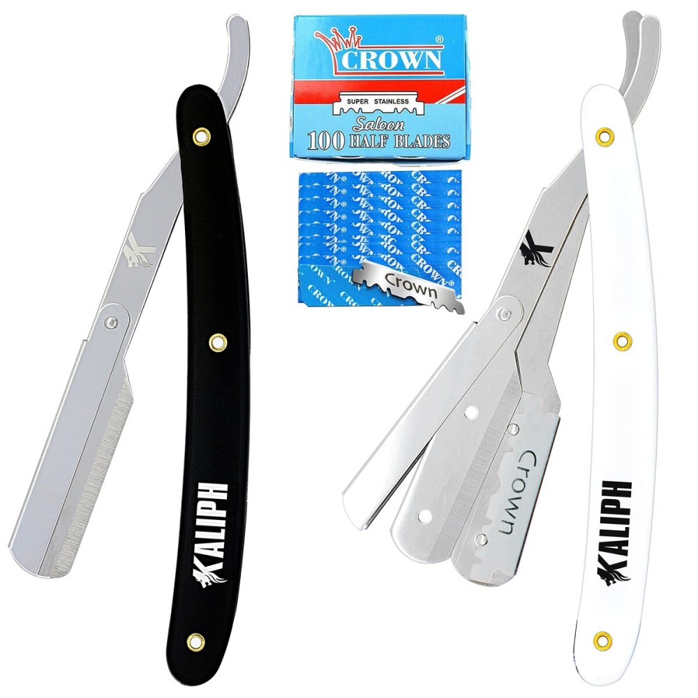 Kaliph Professional Barber Straight Razor For Men - Premium Pack of 2Pcs Straight Edge Razor With 100 Shaving Blades - Salon Quality Men\'s Manual Cut Throat Razor For Smooth Close Shaving -Black/White