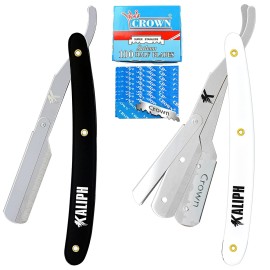 Kaliph Professional Barber Straight Razor For Men - Premium Pack of 2Pcs Straight Edge Razor With 100 Shaving Blades - Salon Quality Men\'s Manual Cut Throat Razor For Smooth Close Shaving -Black/White Kaliph Professional Barber Straight Razor For Men - Premium Pack of 2Pcs Straight Edge Razor With 100 Shaving Blades - Salon Quality Men\'s Manual Cut Throat Razor For Smooth Close Shaving -Black/White