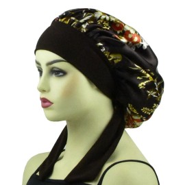 Silk Bonnets Satin Bonnet for Women Curly Hair Covers Large Sleep Hair Bonnets Sleeping Night Cap Silk Bonnet with Tie Band Brown Floral