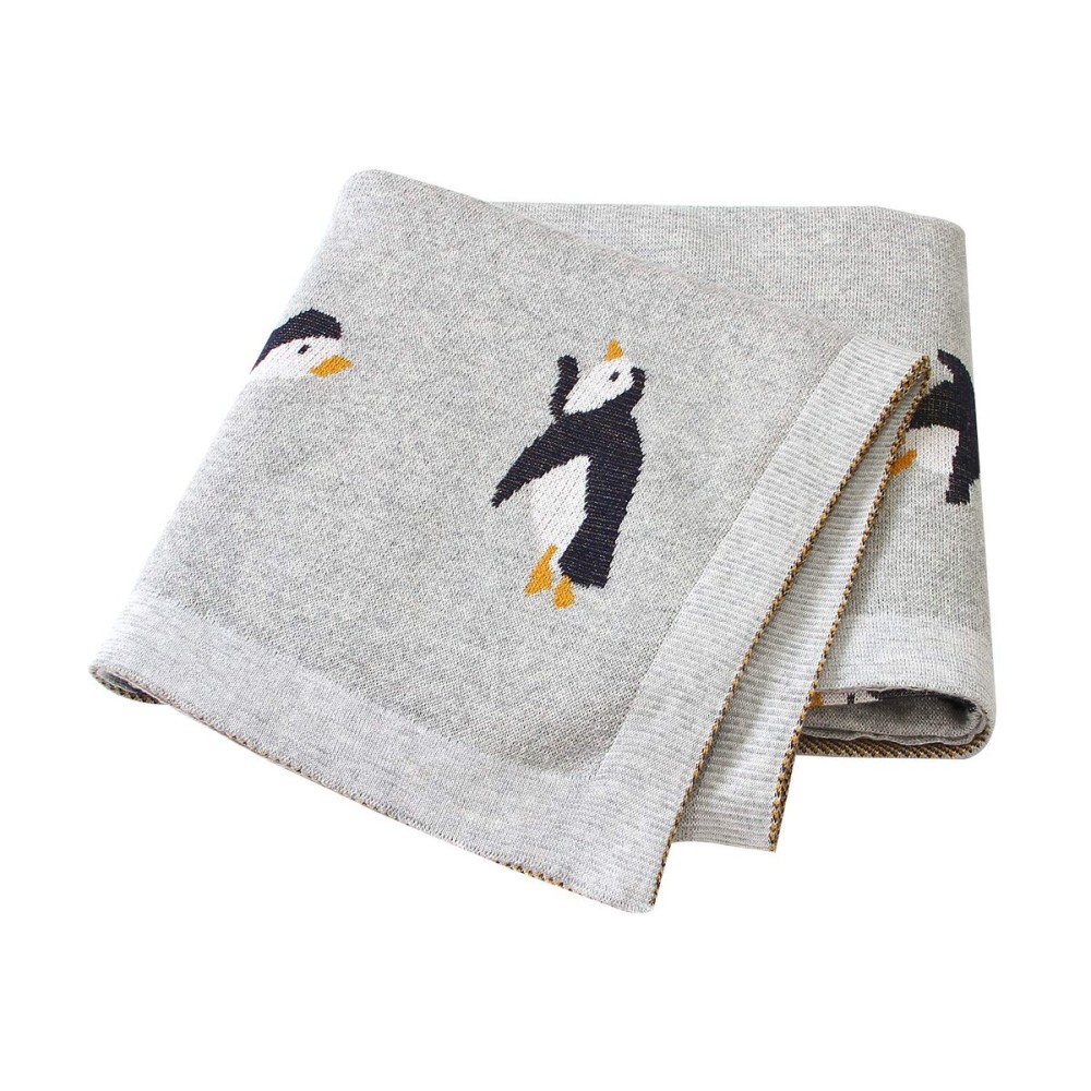 mimixiong 100% Cotton Knitted Baby Blanket Toddler Swaddling Blanket for Newborn Baby with Cute Penguin Pattern Grey Size 30 x 40 inches
