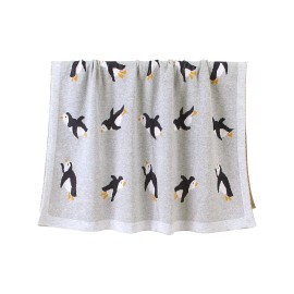 mimixiong 100% Cotton Knitted Baby Blanket Toddler Swaddling Blanket for Newborn Baby with Cute Penguin Pattern Grey Size 30 x 40 inches