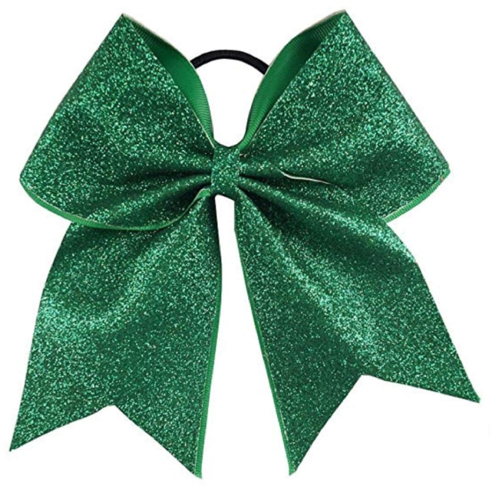 Kenz Laurenz Glitter Cheer Bows Cheerleading Softball Gifts, Team Bow with Ponytail Holder Complete your Cheerleader Outfit, Strong Hair Ties Bands Elastics for Girls and Women, Green (Pack of 1)