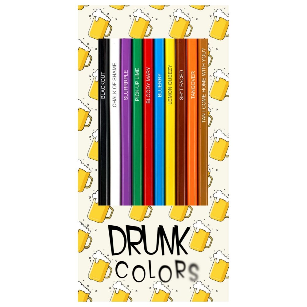 Drunk Colors Colored Pencil Set | Set of 12 Alcohol-Themed Pencils | Each Color Pencil is Foil-Stamped with Clever Alcohol References