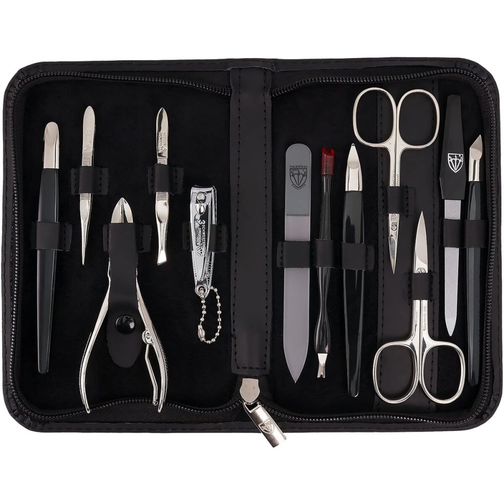 3 Swords Germany - Brand Quality 12 Piece Manicure Pedicure Grooming kit Set for Professional Finger & Toe Nail Care with Black Genuine Leather case - Made in Germany 3 Swords Germany - Brand Quality 12 Piece Manicure Pedicure Grooming kit Set for Professional Finger & Toe Nail Care with Black Genuine Leather case - Made in Germany