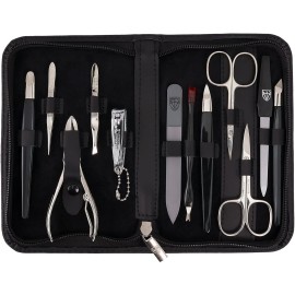 3 Swords Germany - Brand Quality 12 Piece Manicure Pedicure Grooming kit Set for Professional Finger & Toe Nail Care with Black Genuine Leather case - Made in Germany