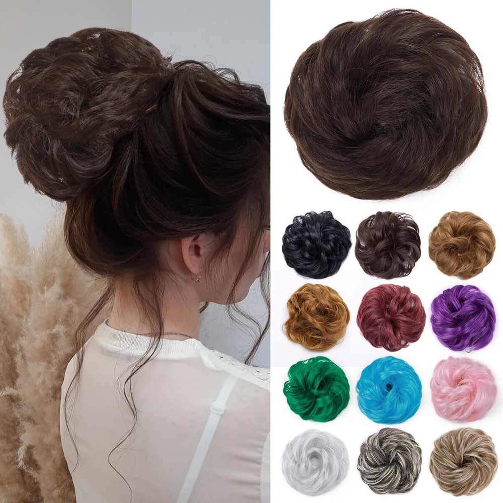 Benehair Hair Bun Hairpiece Scrunchy Updo Hair Pieces Fluffy Scrunchies Donut Hairpiece Synthetic Curly Wavy Messy Chignons With Elastic Rubber Band Medium Brown-Thicker 1pc 35g