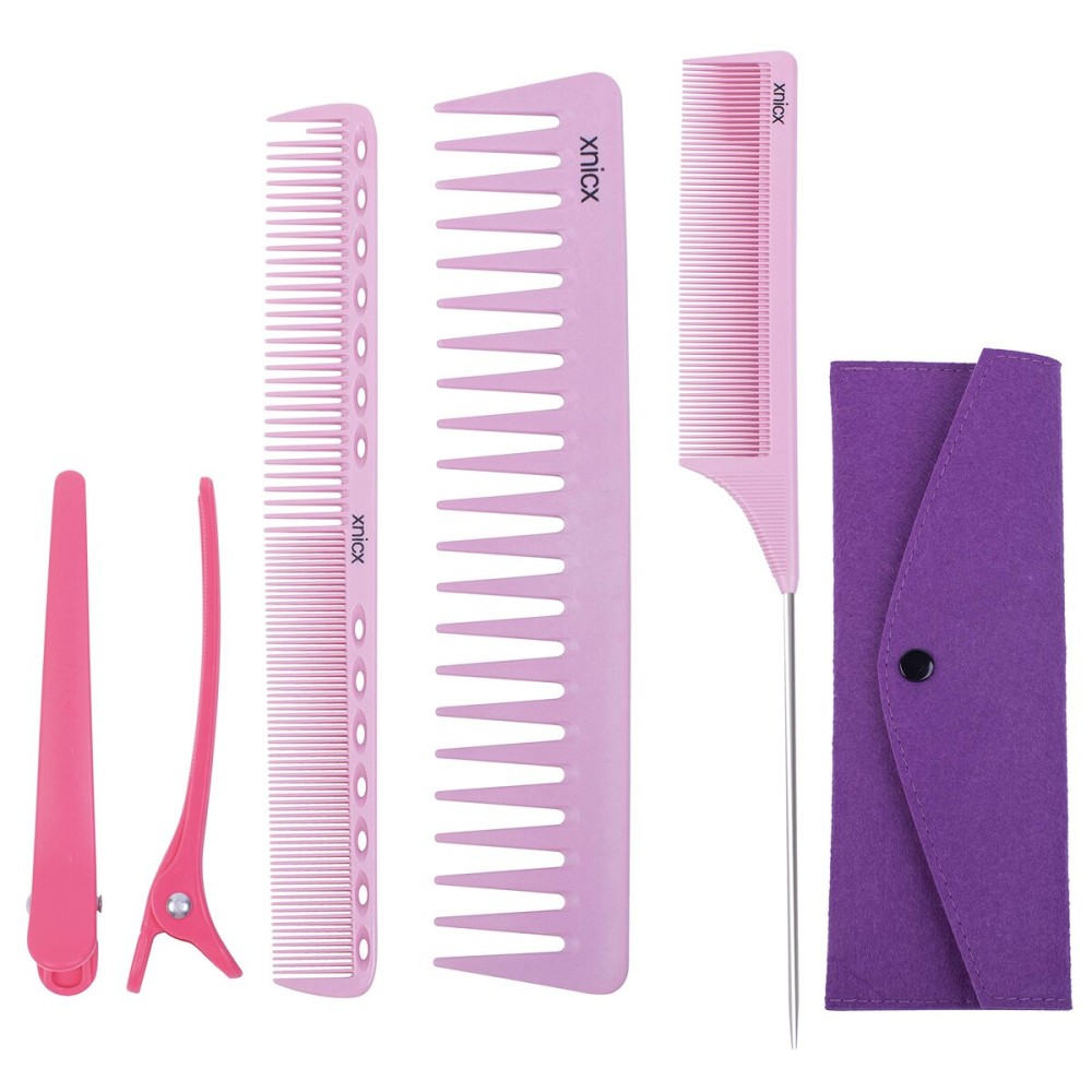 xnicx 6pcs Pink Professional Hair Combs Set - Carbon Fiber Barber Combs with Wide Tooth, Rat Tail for Parting, Teasing, and Styling Hair for Women and Men