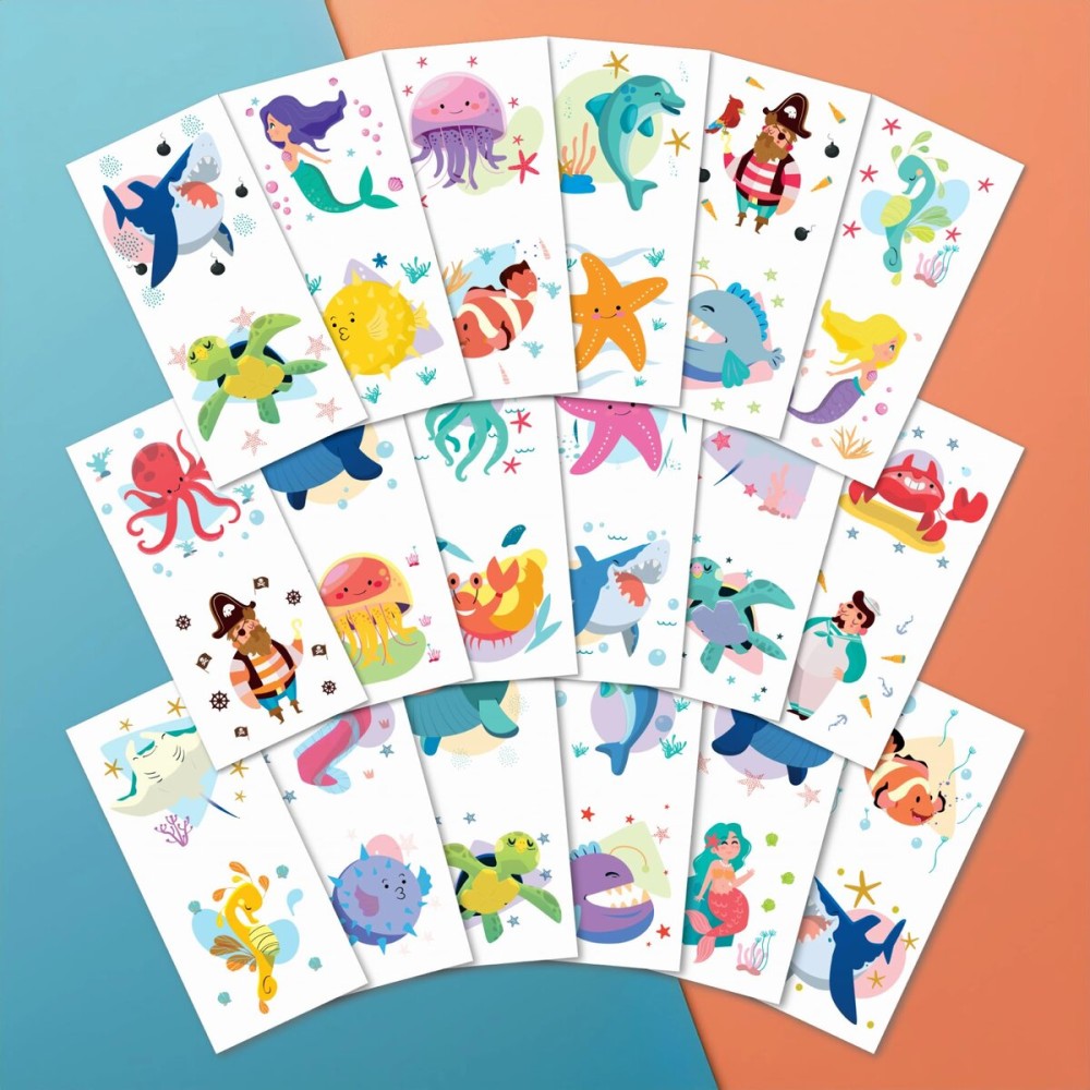 PapaKit Cute Ocean Animals 36 Temporary Fake Tattoo Set, 18 Individually Wrapped Sheets | Kids Girls & Boys Birthday Party Favor Gift Reward, Non-Toxic Safe Removable